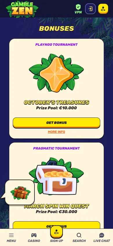 Gamblezen Casino mobile promotions screen